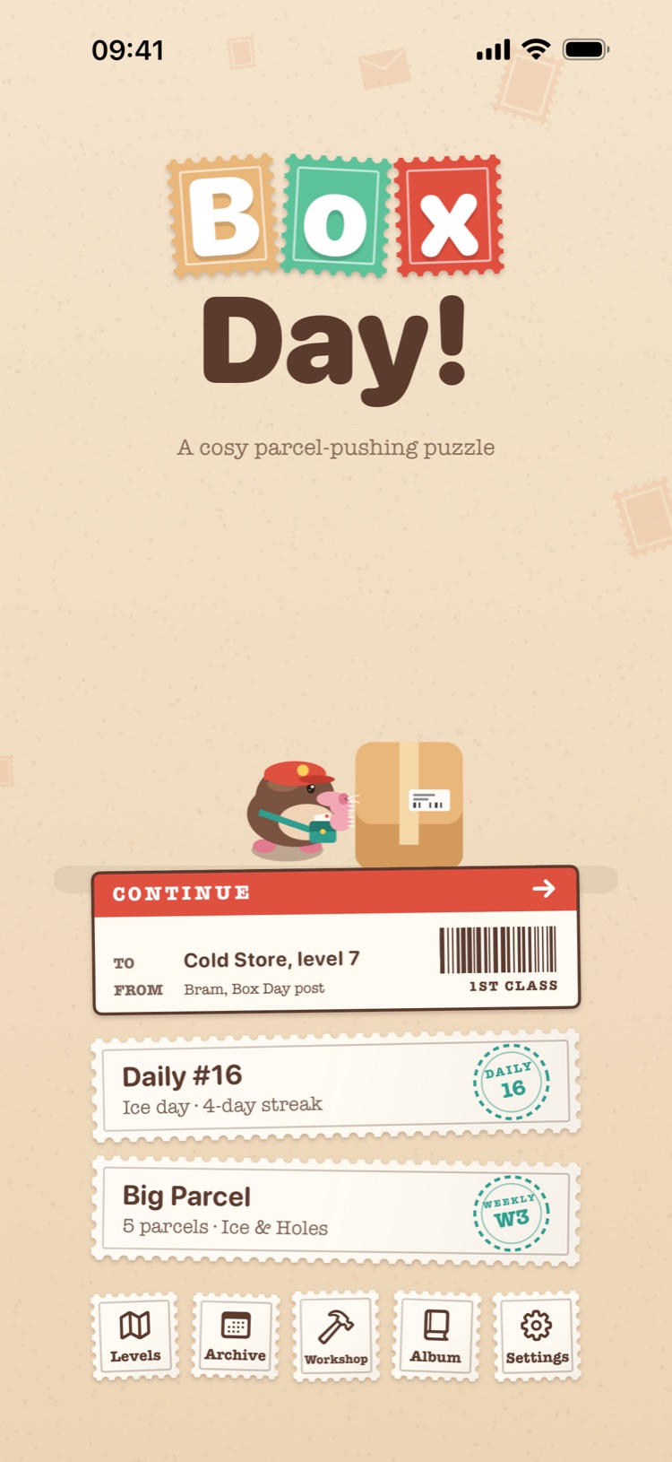 The Box Day title screen, with Bram pushing a parcel