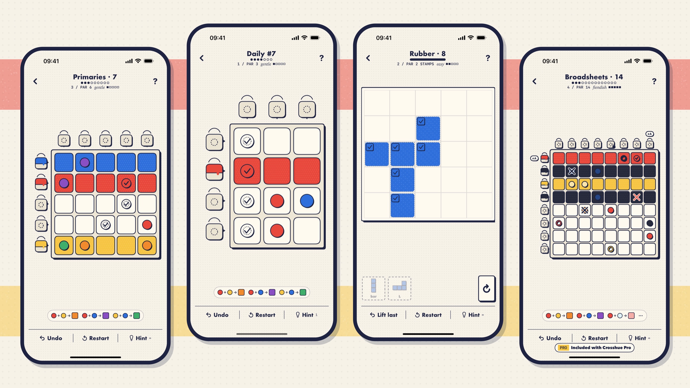 Four Crosshue boards on iPhone, from a gentle first level to a fiendish 8×8 Broadsheet